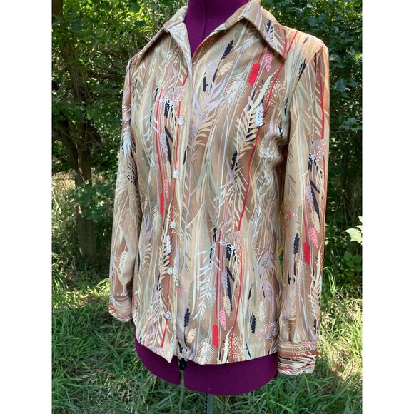 Vintage 1970s Womens Blouse Abstract Wheat plant Pattern Boho - Picture 2 of 10